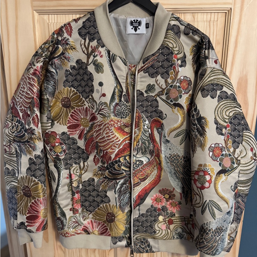 Asian Crane and Floral Patterned Bomber Jacket
